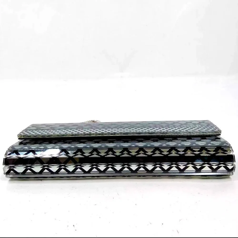 Auth Jimmy Choo Black & Clear Diamond Print Acrylic Sweetie Clutch Silver Chain